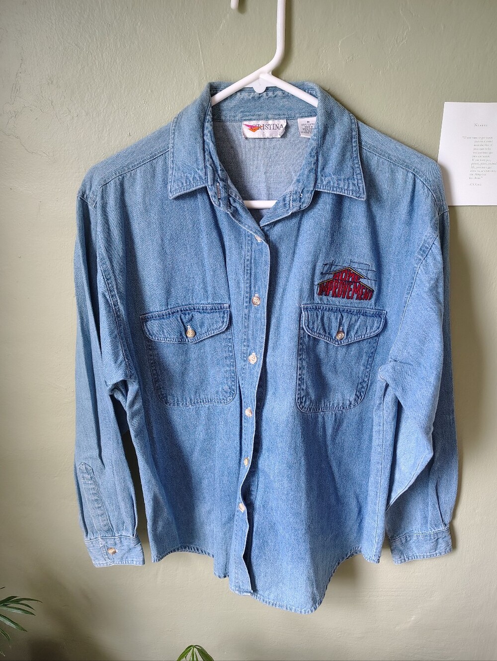 Vintage Christina Women's Medium "Home Improvement" Logo Denim Button-Up Shirt
